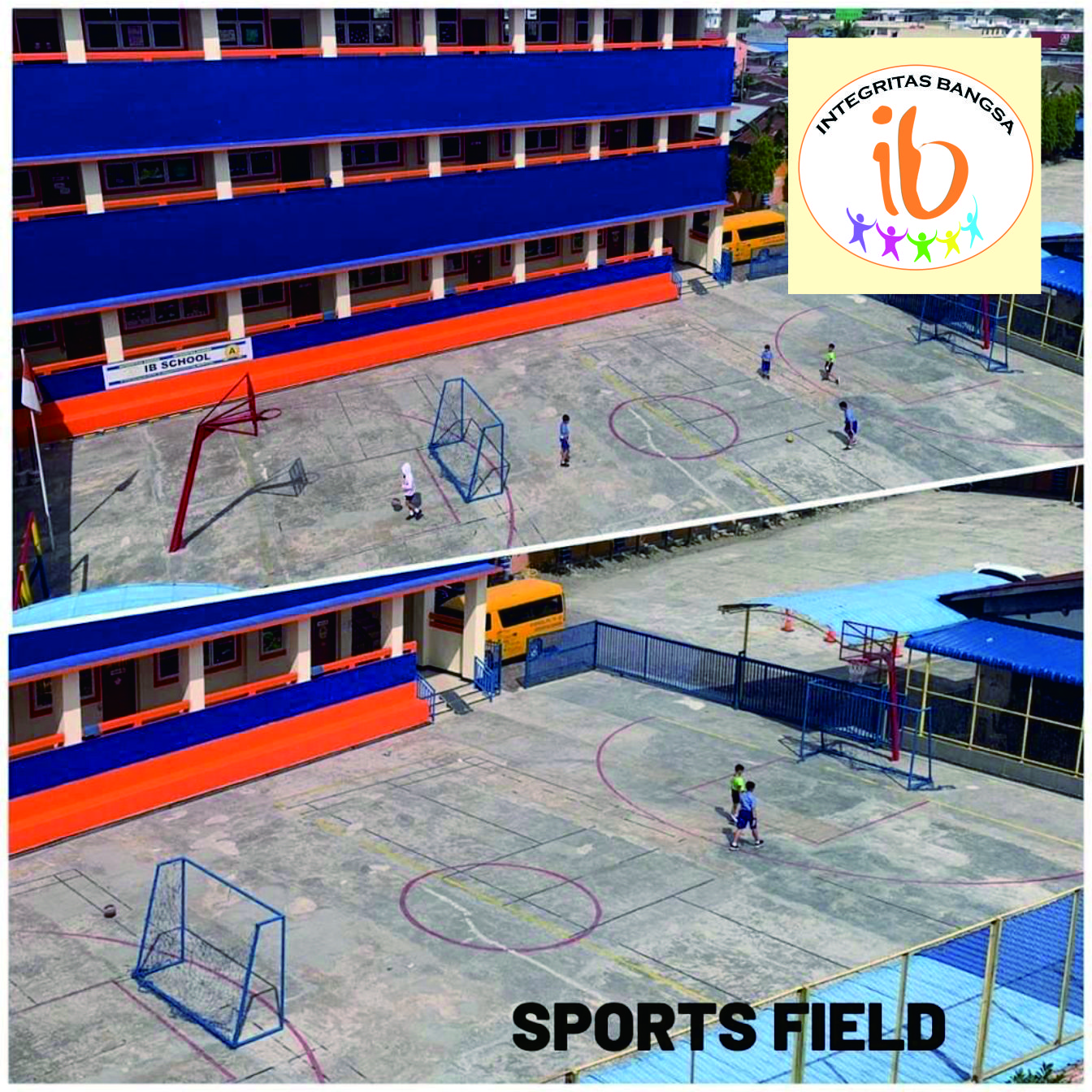 Green sports field with running track